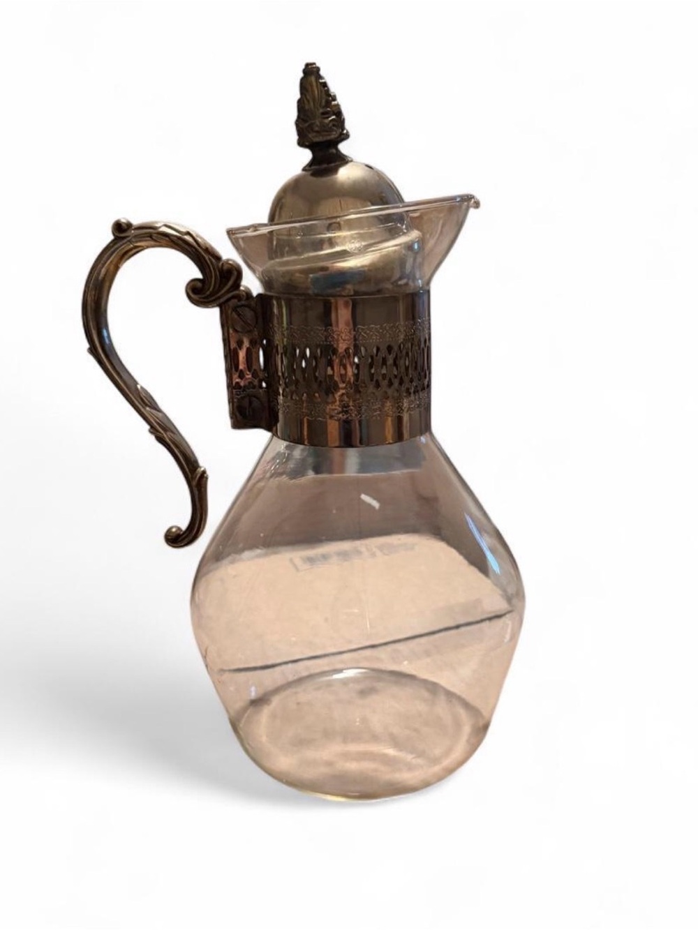 VTG Corning Glass Coffee Carafe Pitcher Silver Plated Ornate Lid Decanter MCM